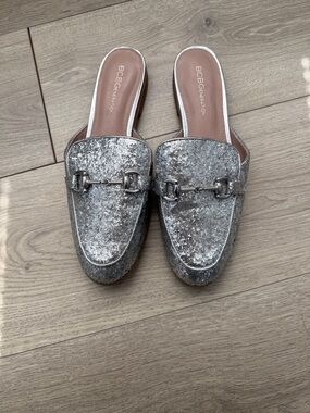 BCBGeneration Silver Glitter Horsebit Backless Mules